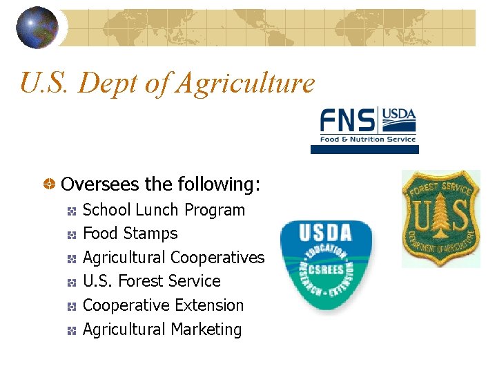 U. S. Dept of Agriculture Oversees the following: School Lunch Program Food Stamps Agricultural