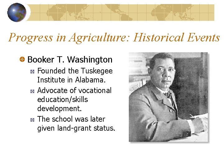 Progress in Agriculture: Historical Events Booker T. Washington Founded the Tuskegee Institute in Alabama.