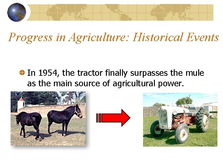 Progress in Agriculture: Historical Events In 1954, the tractor finally surpasses the mule as