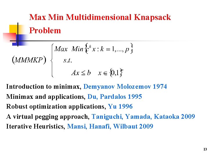 Max Min Multidimensional Knapsack Problem Introduction to minimax, Demyanov Molozemov 1974 Minimax and applications,