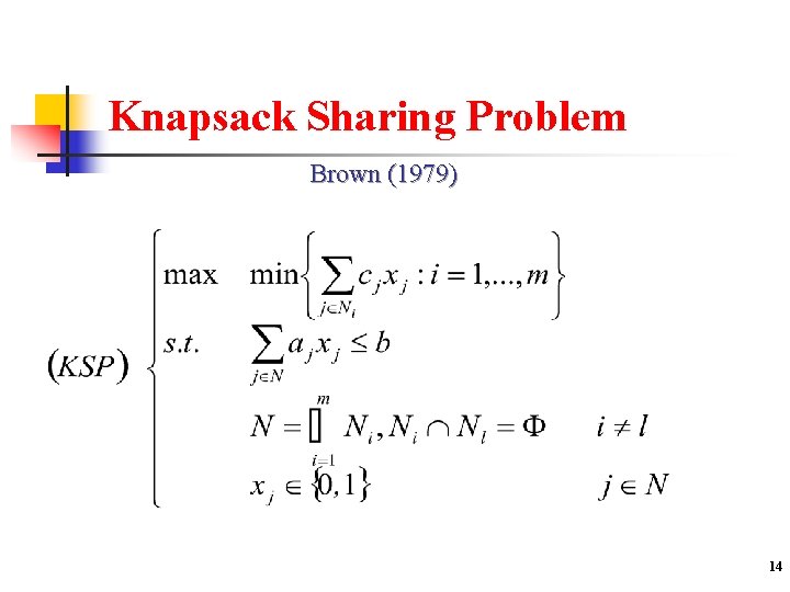 Knapsack Sharing Problem Brown (1979) 14 