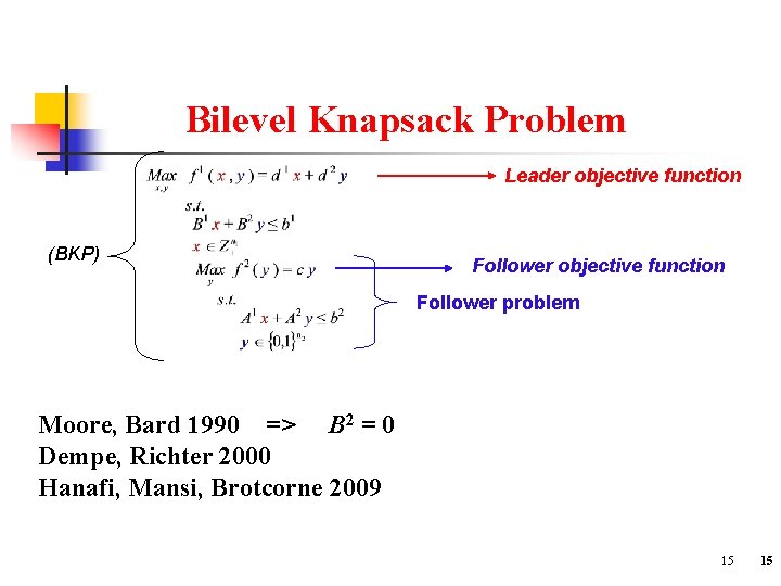 Bilevel Knapsack Problem Leader objective function (BKP) Follower objective function Follower problem Moore, Bard