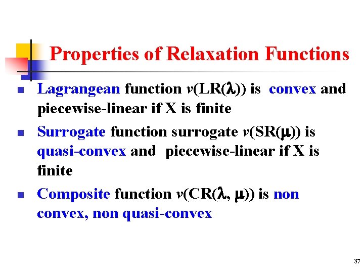 Properties of Relaxation Functions n n n Lagrangean function v(LR( )) is convex and