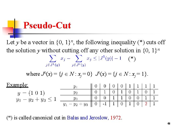 Pseudo-Cut Let y be a vector in {0, 1}n, the following inequality (*) cuts
