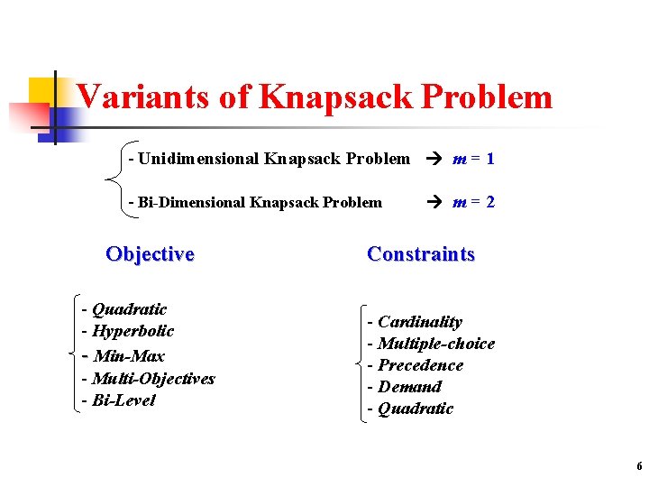 Variants of Knapsack Problem - Unidimensional Knapsack Problem m = 1 - Bi-Dimensional Knapsack