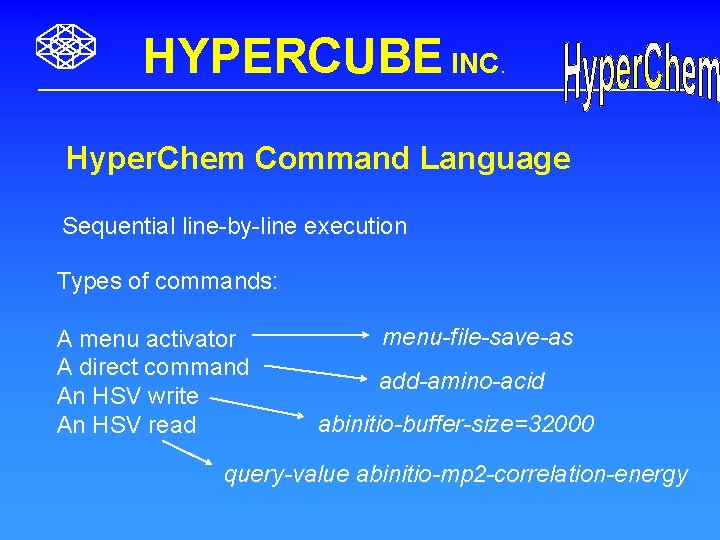 HYPERCUBE INC. Hyper. Chem Command Language Sequential line-by-line execution Types of commands: A menu