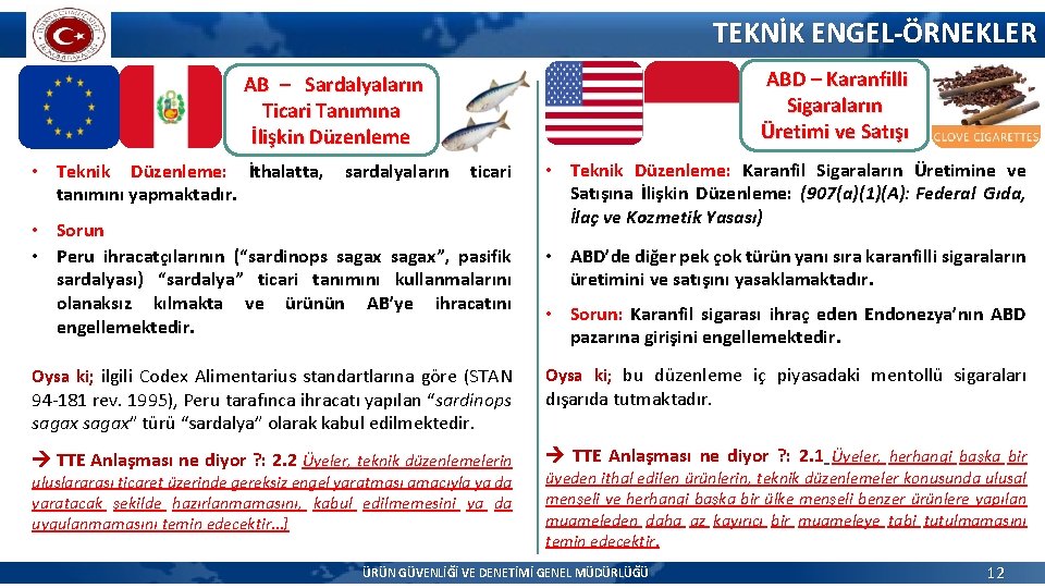 TEKNİK ENGEL-ÖRNEKLER ABD – Karanfilli Sigaraların Üretimi ve Satışı AB – Sardalyaların Ticari Tanımına