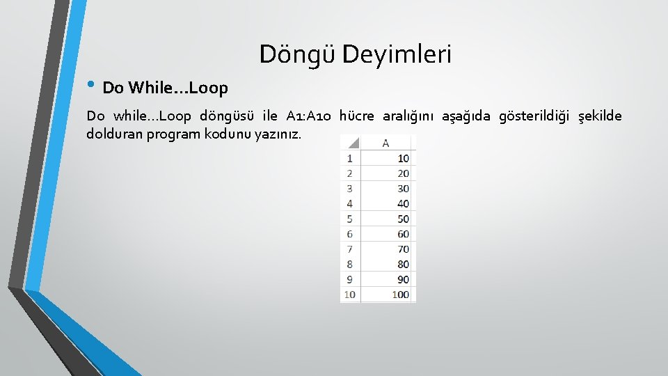  • Do While…Loop Döngü Deyimleri Do while…Loop döngüsü ile A 1: A 10