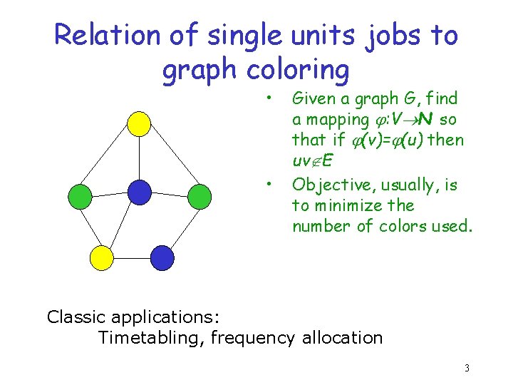 Relation of single units jobs to graph coloring • • Given a graph G,
