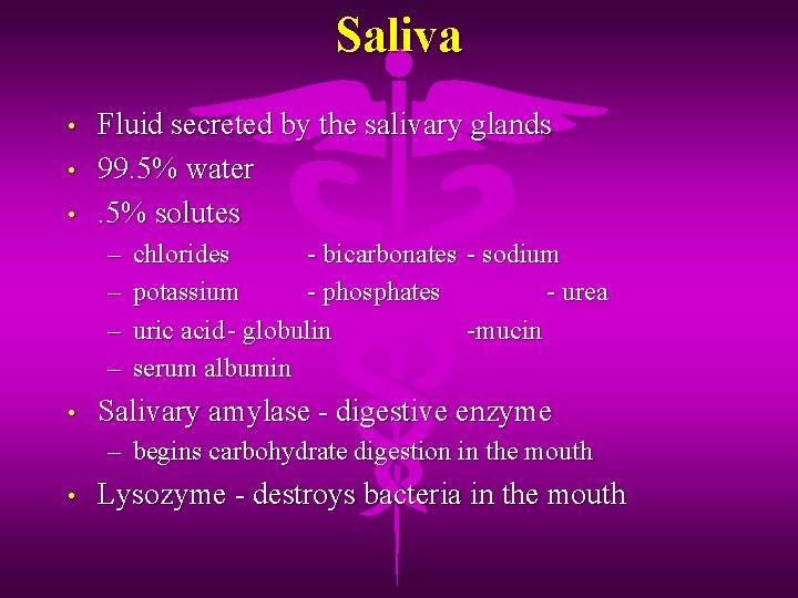 Saliva • • • Fluid secreted by the salivary glands 99. 5% water. 5%
