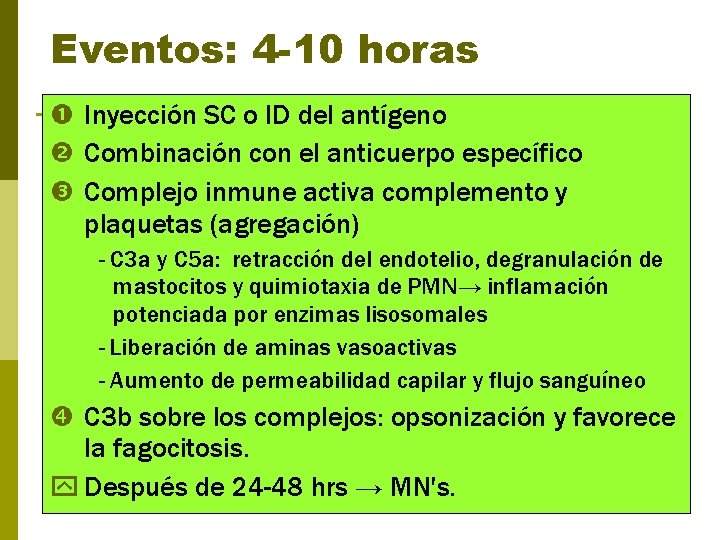 Eventos: 4 -10 horas Inyección SC o ID del antígeno Combinación con el anticuerpo