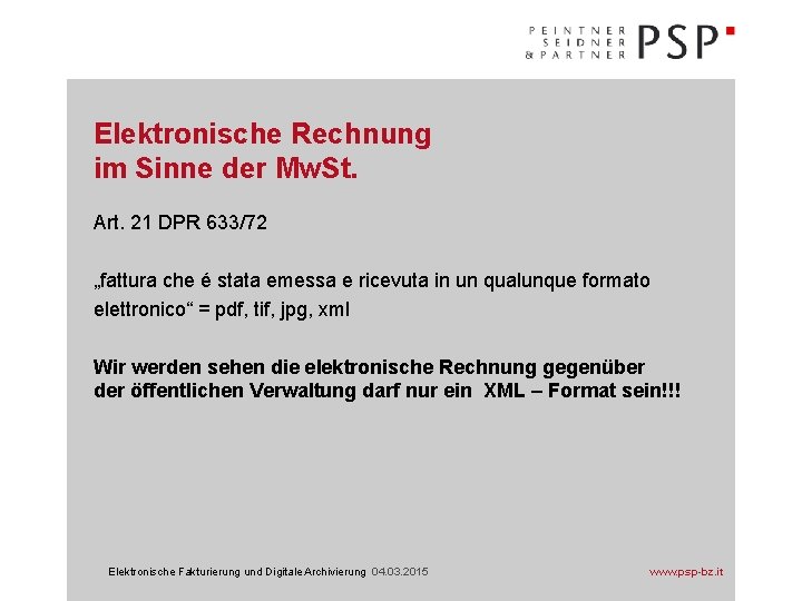 Elektronische Rechnung im Sinne der Mw. St. Art. 21 DPR 633/72 „fattura che é