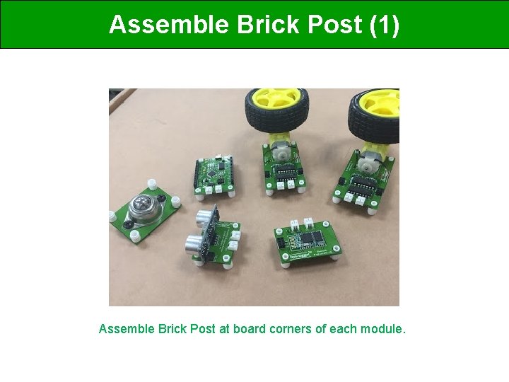 Assemble Brick Post (1) Assemble Brick Post at board corners of each module. 