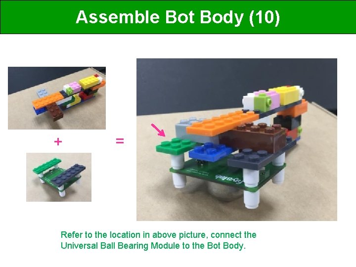 Assemble Bot Body (10) + = Refer to the location in above picture, connect