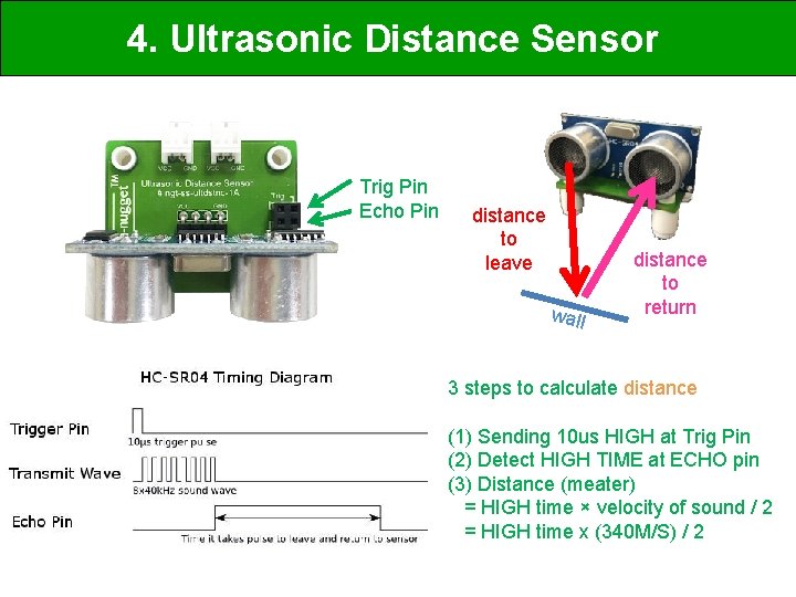 4. Ultrasonic Distance Sensor Trig Pin Echo Pin distance to leave wall distance to