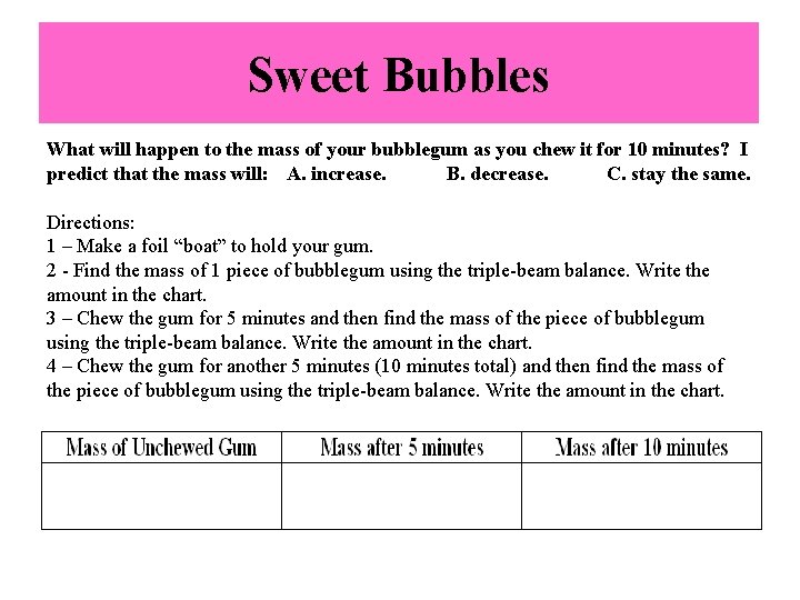 Sweet Bubbles What will happen to the mass of your bubblegum as you chew