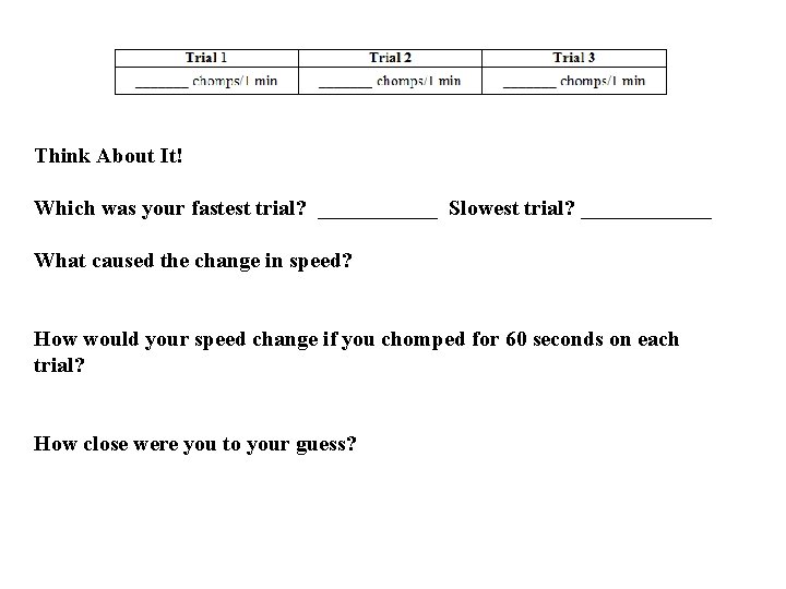 Think About It! Which was your fastest trial? ______ Slowest trial? ______ What caused