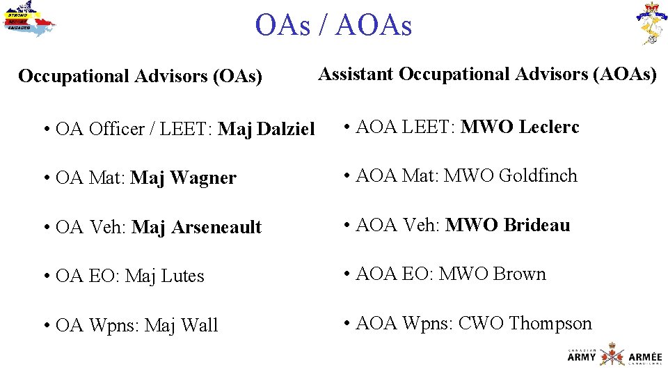 OAs / AOAs Occupational Advisors (OAs) Assistant Occupational Advisors (AOAs) • OA Officer /