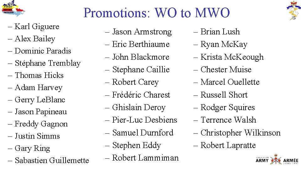 Promotions: WO to MWO – – – Karl Giguere Alex Bailey Dominic Paradis Stéphane