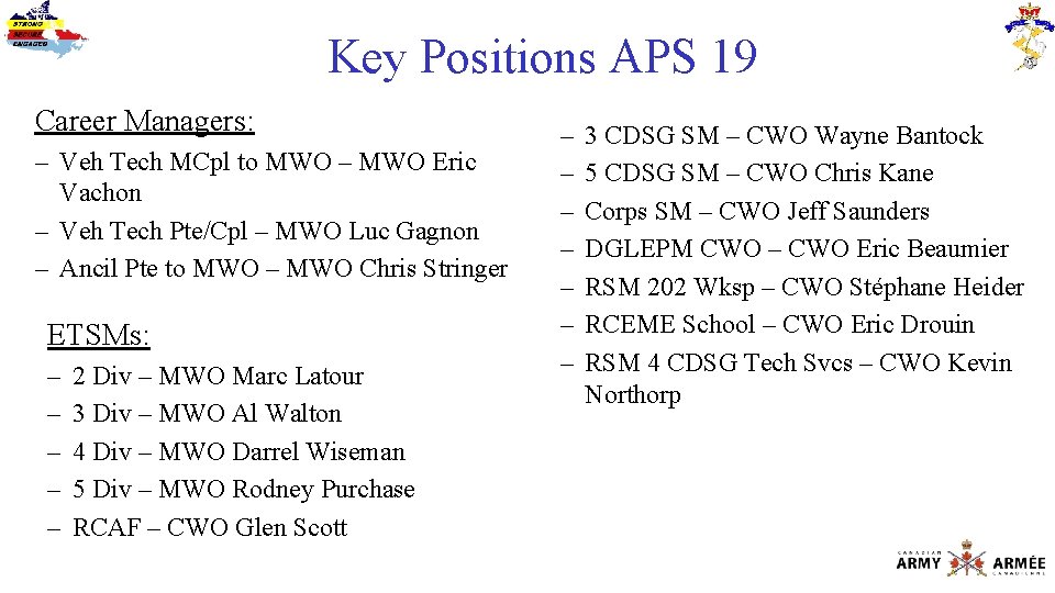 Key Positions APS 19 Career Managers: – Veh Tech MCpl to MWO – MWO