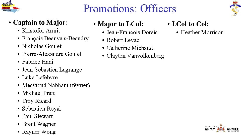 Promotions: Officers • Captain to Major: • • • • Kristofor Armit François Beauvais-Beaudry