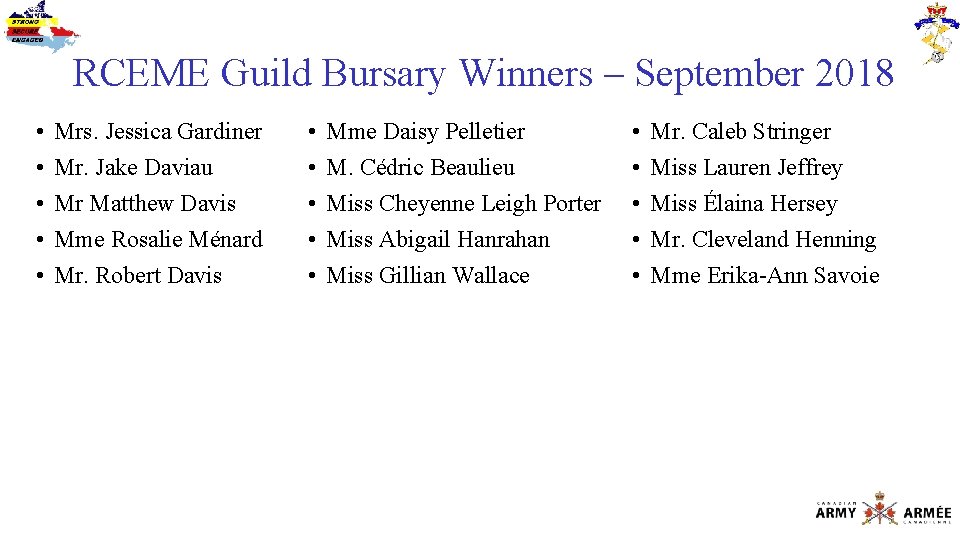 RCEME Guild Bursary Winners – September 2018 • • • Mrs. Jessica Gardiner Mr.
