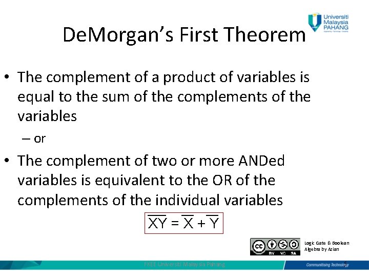De. Morgan’s First Theorem • The complement of a product of variables is equal