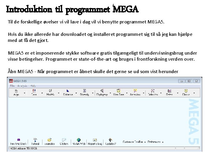 Introduktion til programmet MEGA Til de forskellige øvelser vi vil lave i dag vil