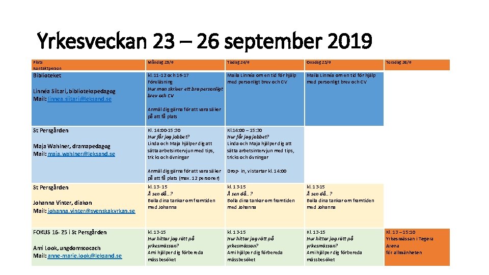 Yrkesveckan 23 – 26 september 2019 Plats Kontaktperson Måndag 23/9 Tisdag 24/9 Onsdag 25/9