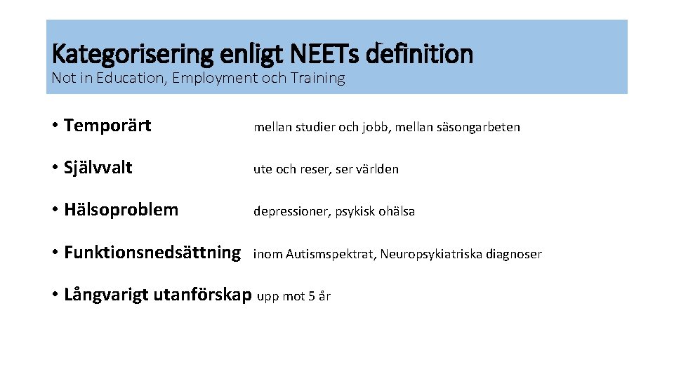 Kategorisering enligt NEETs definition Not in Education, Employment och Training • Temporärt mellan studier
