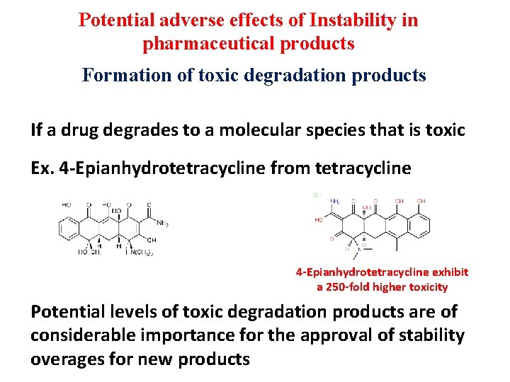 Potential adverse effects of Instability in pharmaceutical products Formation of toxic degradation products If