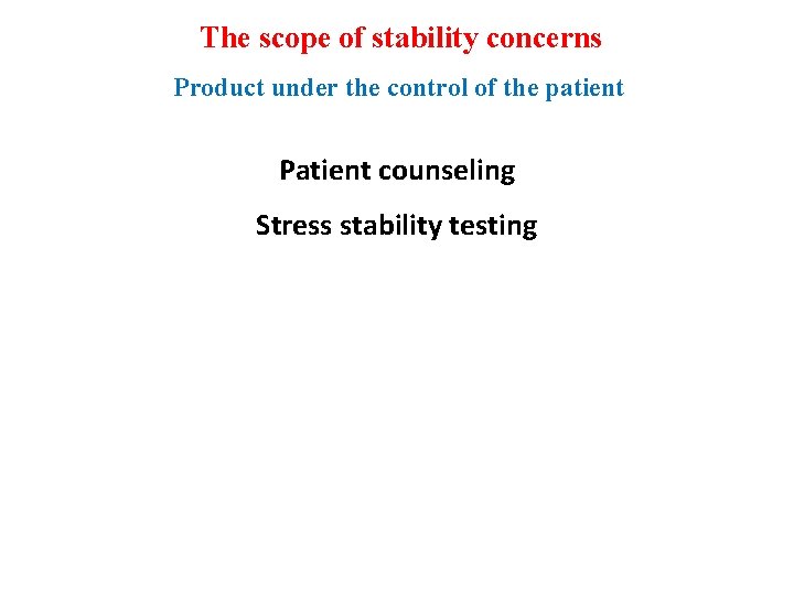 The scope of stability concerns Product under the control of the patient Patient counseling