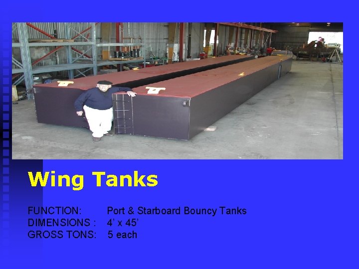 Wing Tanks FUNCTION: Port & Starboard Bouncy Tanks DIMENSIONS : 4’ x 45’ GROSS