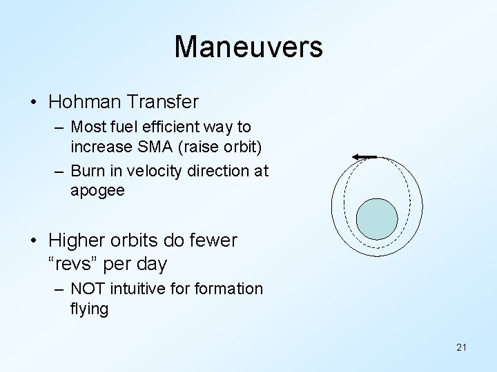 Maneuvers • Hohman Transfer – Most fuel efficient way to increase SMA (raise orbit)