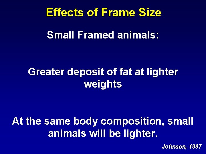 Effects of Frame Size Small Framed animals: Greater deposit of fat at lighter weights