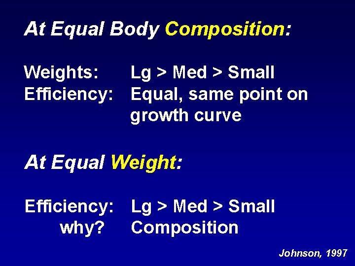 At Equal Body Composition: Weights: Lg > Med > Small Efficiency: Equal, same point