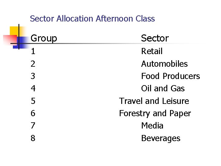 Sector Allocation Afternoon Class Group 1 2 3 4 5 6 7 8 Sector