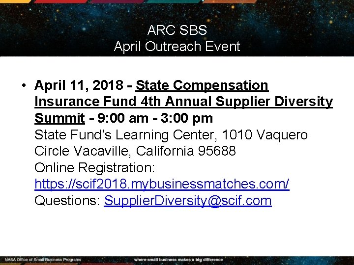 ARC SBS April Outreach Event • April 11, 2018 - State Compensation Insurance Fund