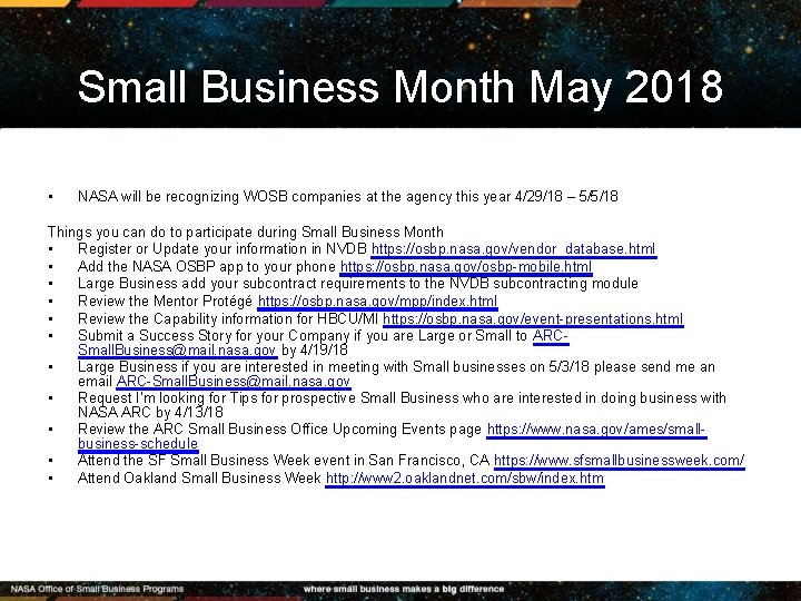 Small Business Month May 2018 • NASA will be recognizing WOSB companies at the