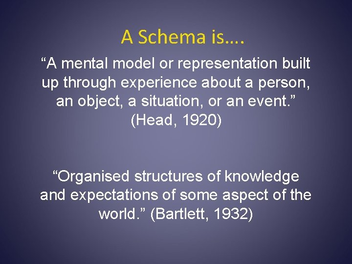 A Schema is…. “A mental model or representation built up through experience about a