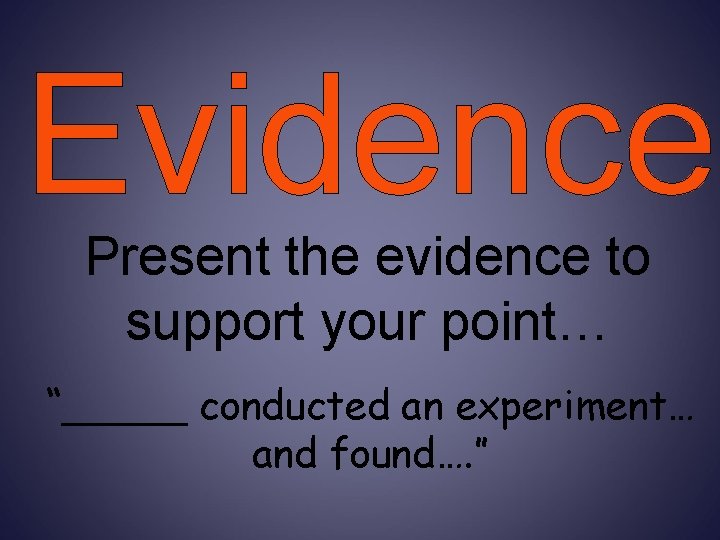 Evidence Present the evidence to support your point… “_____ conducted an experiment… and found….