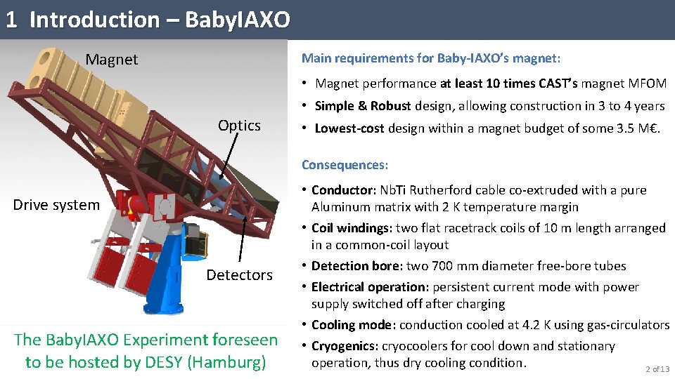 1 Introduction – Baby. IAXO Magnet Main requirements for Baby-IAXO’s magnet: • Magnet performance