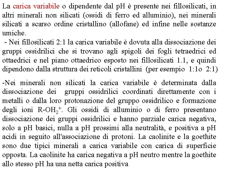 La carica variabile o dipendente dal p. H è presente nei fillosilicati, in altri