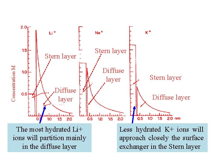 Concentration M Stern layer Diffuse layer The most hydrated Li+ ions will partition mainly