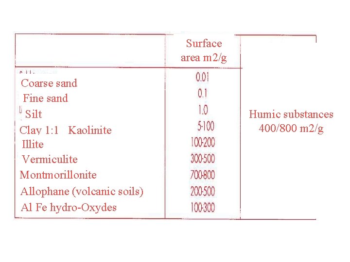 Surface area m 2/g Coarse sand Fine sand Silt Clay 1: 1 Kaolinite Illite