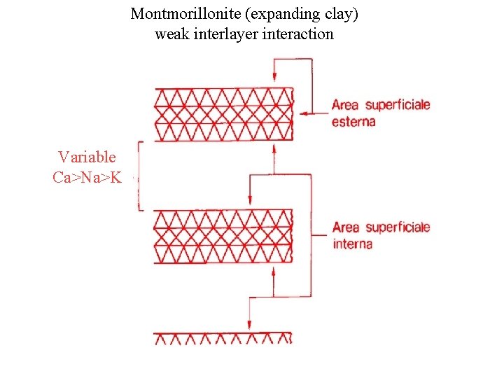 Montmorillonite (expanding clay) weak interlayer interaction Variable Ca>Na>K 