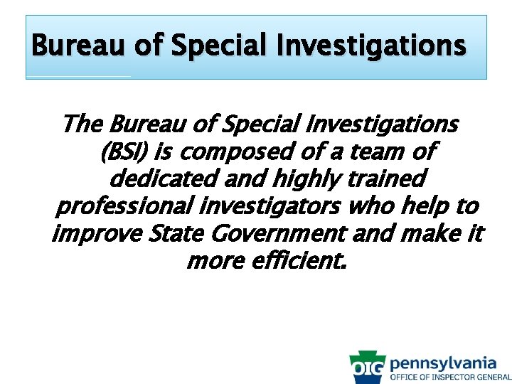 Bureau of Special Investigations The Bureau of Special Investigations (BSI) is composed of a