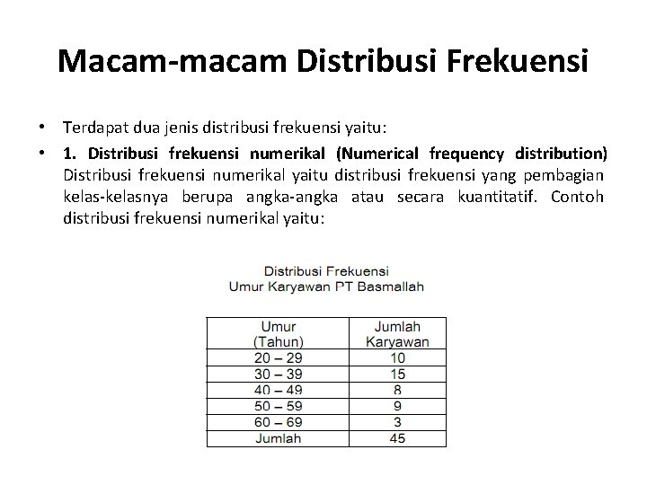 Macam-macam Distribusi Frekuensi • Terdapat dua jenis distribusi frekuensi yaitu: • 1. Distribusi frekuensi
