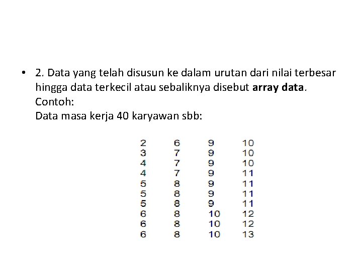  • 2. Data yang telah disusun ke dalam urutan dari nilai terbesar hingga