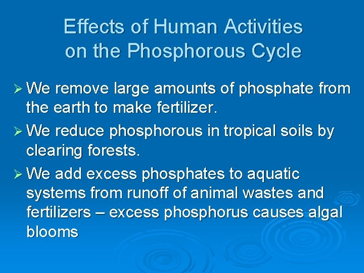 Effects of Human Activities on the Phosphorous Cycle Ø We remove large amounts of